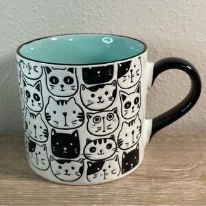 Spectrum Designz Cranston Cat Repeat Face Mug 18oz  Aqua Green Inside NEW